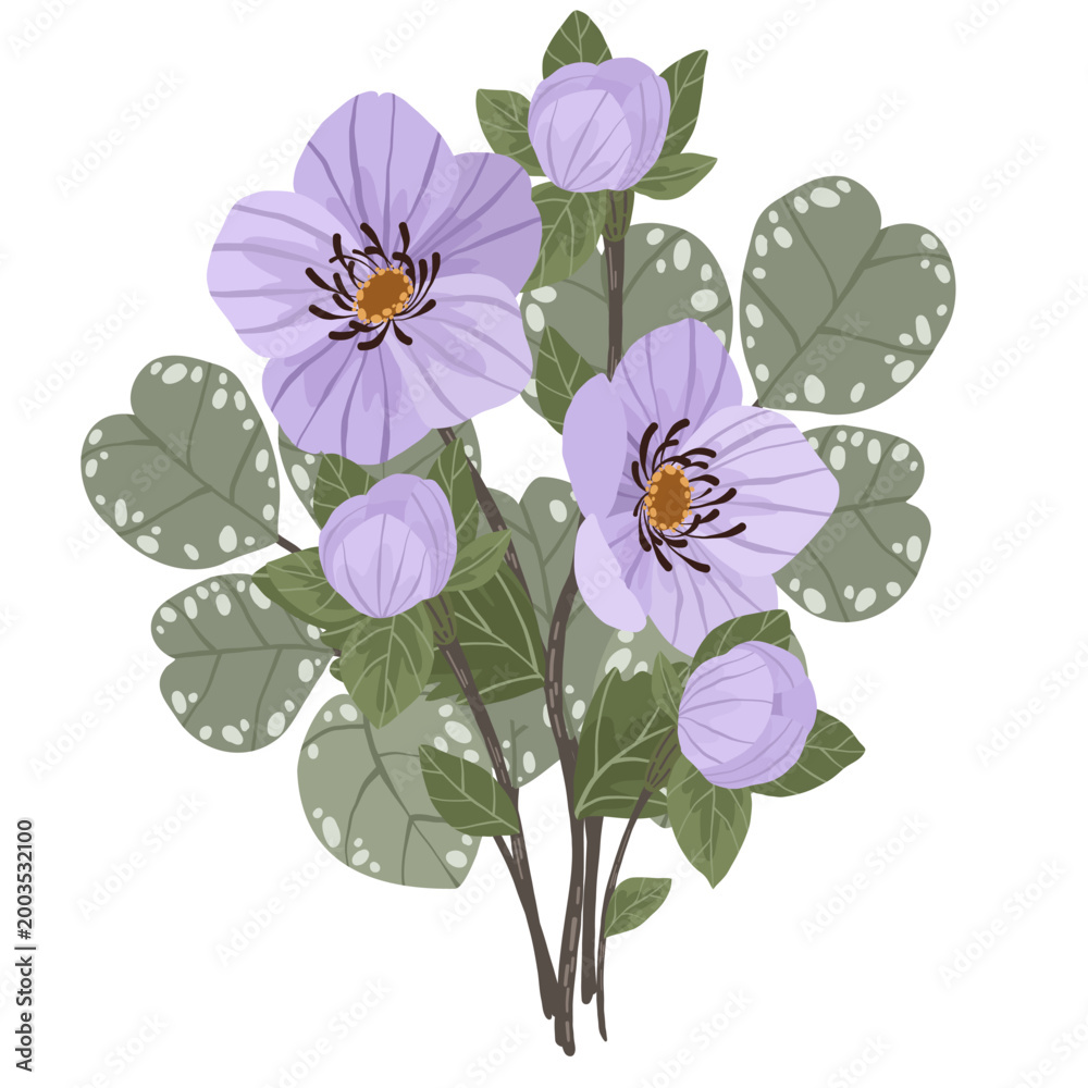Obraz premium Elegant bouquet with purple flowers and decorative green leaves.