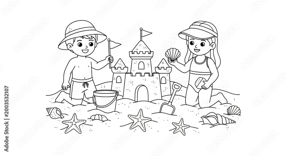 Obraz premium Children Building Sandcastle on Beach.