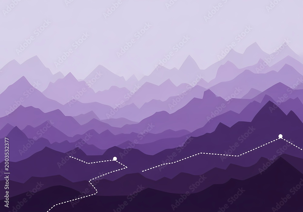 Fototapeta premium A layered purple mountain range illustration with a dotted path winding through the peaks, creating a sense of depth and adventure.