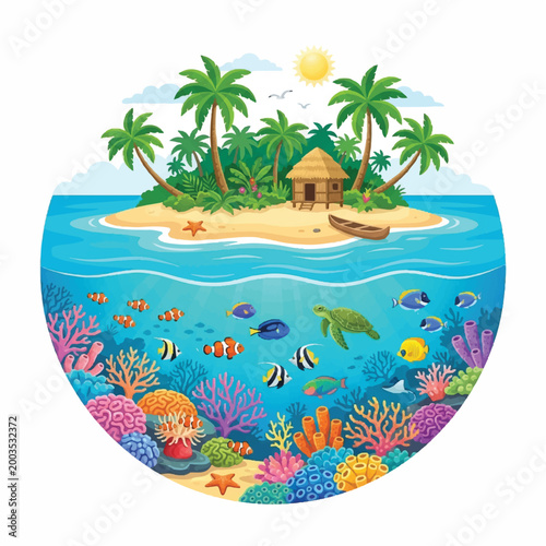 Vibrant tropical island scene with lush palm trees and colorful coral reef underwater.