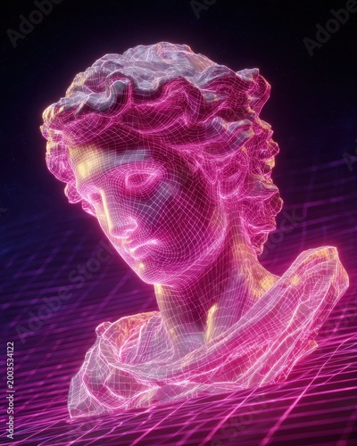 Vaporwave Neon Wireframe Bust of Classical Statue on Digital Grid