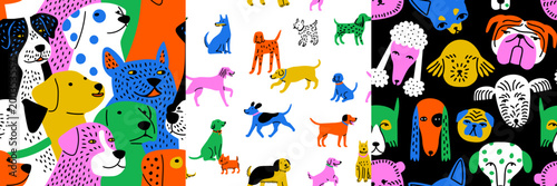 Funny dog animal crowd cartoon seamless pattern set in flat illustration style. Cute puppy pet group background, diverse domestic dogs breed wallpaper.