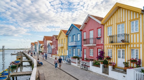 Colorful striped houses of Costa Nova, charming seaside architecture, Portugal travel destination, cheerful facades, coastal street scene natural light, atmospheric sky, crisp detail, realistic