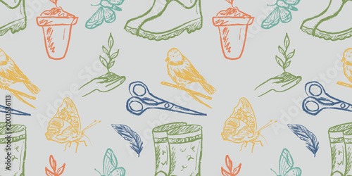 Colored seamless pattern with birds, butterflies, and seedling, rubber boots. Spring gardening decor and textiles. Hand drawn vector sketch illustration in vintage doodle crayon charcoal style