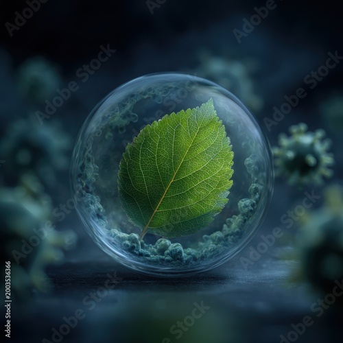Vibrant green leaf safely enclosed in a protective bubble amidst microscopic threats