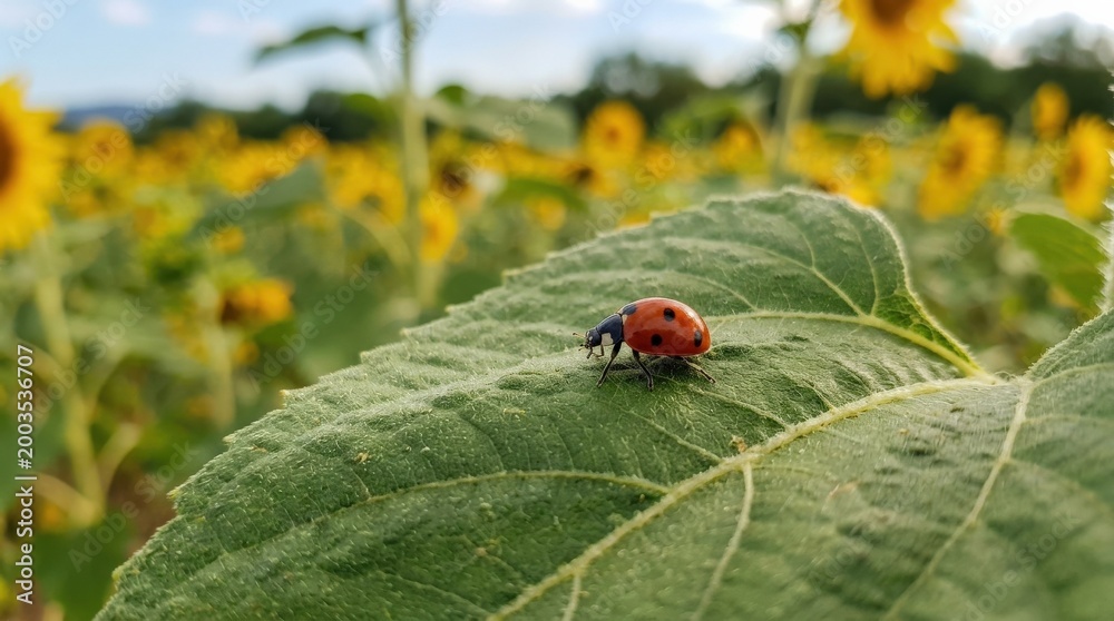 Fototapeta premium Close-up of a Ladybug on a sunflower leaf, France, authentic lifestyle or wildlife moment, relatable storytelling, commercial stock appeal, natural context, high search relevance, premium stock asset,