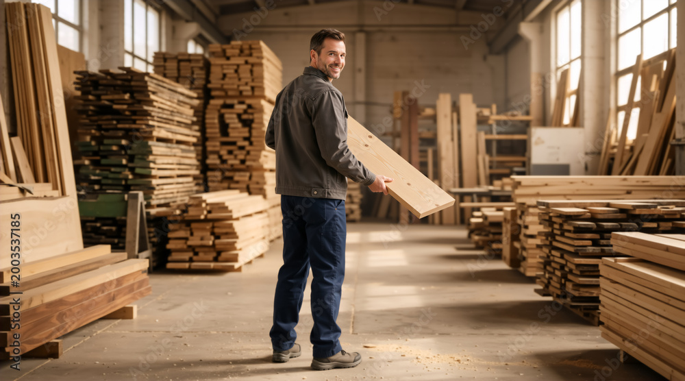 Fototapeta premium Smiling male carpenter holding a wooden plank in a workshop. Professional woodworker in a lumber warehouse. Woodworking industry and craftsmanship concept