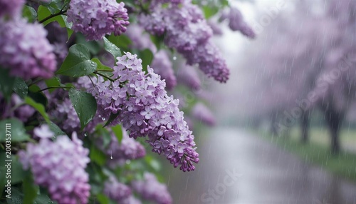 Lilac flowers blooming in rain along a pathway in spring  