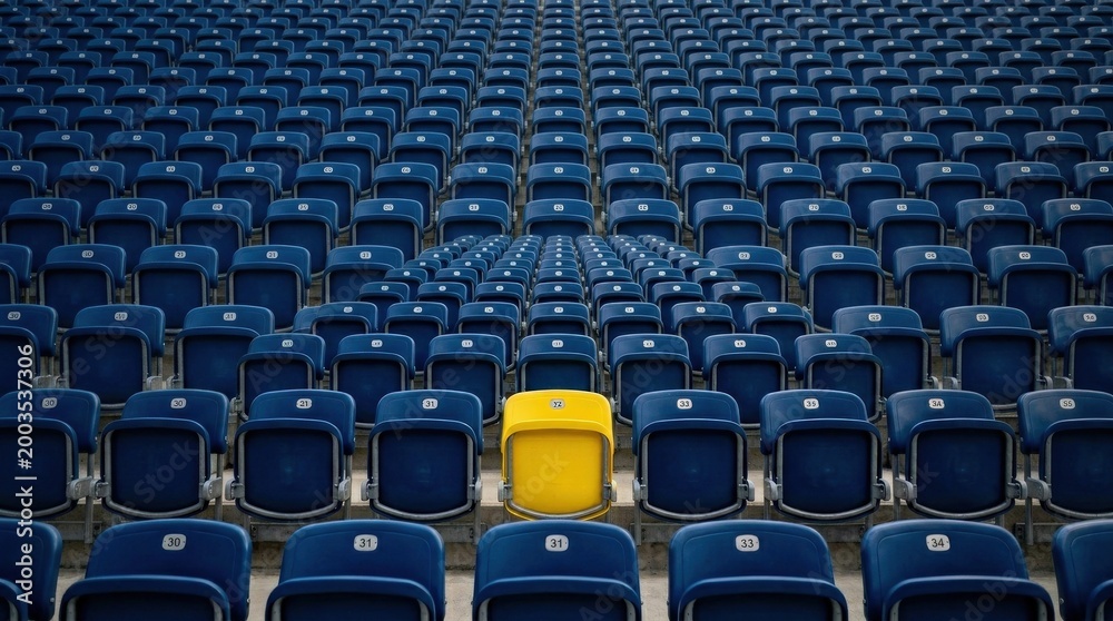 Fototapeta premium Bright yellow stadium seat among blue chairs, individuality and contrast concept in a sports venue setting, single vibrant seat standing out in neat rows of empty arena seating, clean pattern and bold