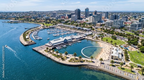 Aerial view of Geelong waterfront showcasing leisure spaces, modern coastal city destination with promenades, docks and public recreation zones, strong tourism, urban planning and travel storytelling