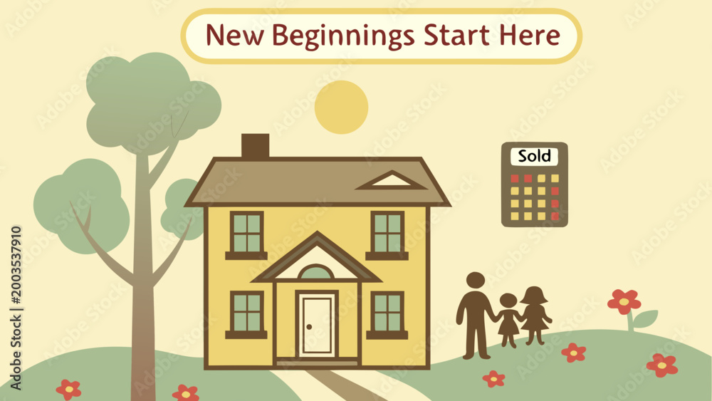 Fototapeta premium Spring real estate vector charming yellow house marked sold with family tree