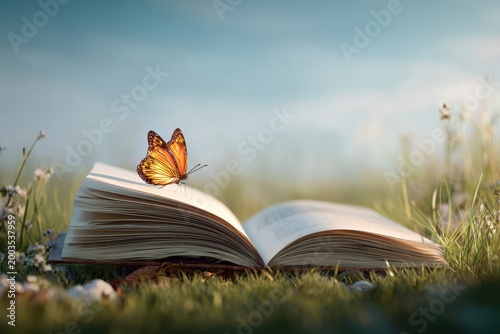 Vibrant orange butterfly on an open book amidst green grass and wildflowers, evoking peace and learning.