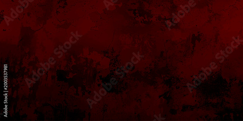 Detailed red grunge background featuring a deep crimson textured wall, rough aged canvas, dark scarlet cement scratches, black edges, and background with copy space.