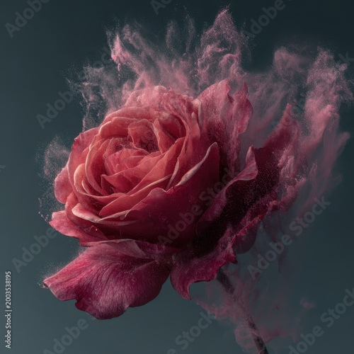Vibrant Pink Rose with Ethereal Red Powder Swirling on Dark Teal Background