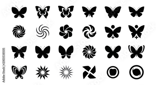 Canvas Print Black butterfly and swirl icon set