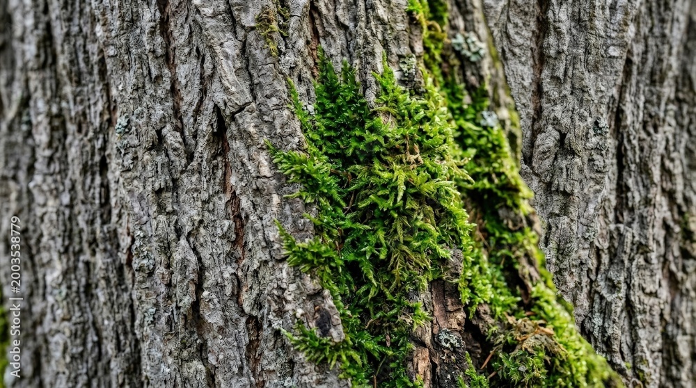 Obraz premium Closeup of gray bark texture with lush green moss, natural woodland surface detail for ecology, design backgrounds and organic branding, rich contrast between rough tree bark and fresh growth in a