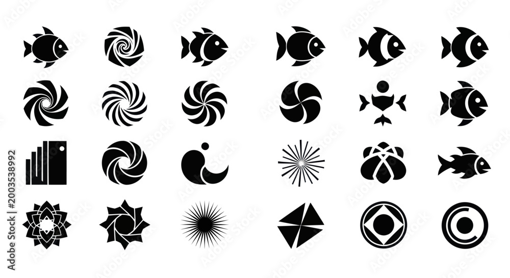 Fototapeta premium Black icons fish and geometric shapes