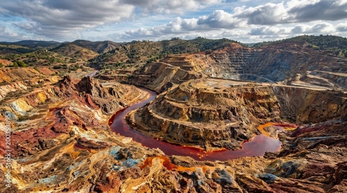 Vibrant geological patterns of Huelva Riotinto, colorful mineral landscape, abstract earth textures and unique natural formations, natural light, atmospheric sky, crisp detail, realistic landscape