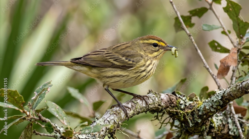 Fototapeta premium Close-up side view of a wild palm warbler perched on a branch with a caterpillar in its beak in Florida, USA, bird wildlife scene highlighting feeding behavior and natural habitat, soft outdoor light,