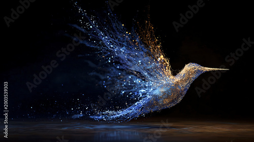 Abstract bird silhouette flying and dissolving into glowing particles, blue and gold dust trail on black background