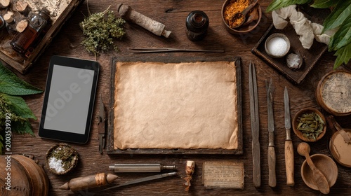 Vintage Apothecary Still Life with Tablet, Herbs, and Parchment.