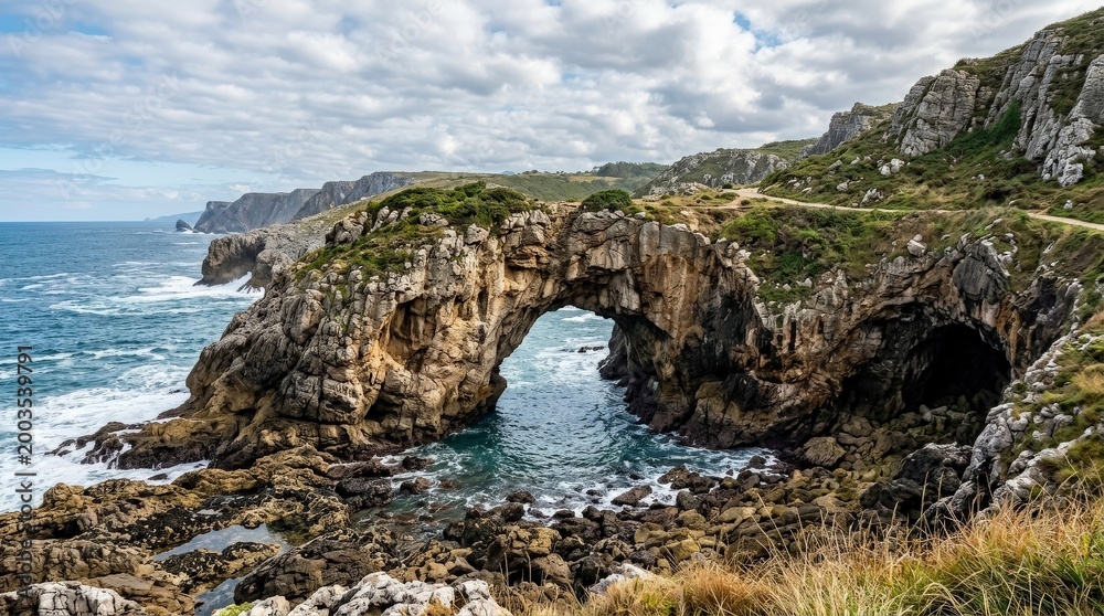 Fototapeta premium Natural rock beauty of Caballo Bridge near Cobijeru Cave, dramatic coastal landscape with rugged formations and geological textures, scenic travel and nature destination concept, wild terrain, sea