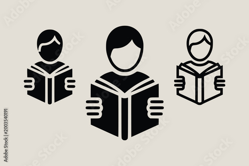 People Reading Book Icon Set in Minimal Style