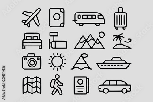 Travel and Transportation Outline Icon Set Bundle
