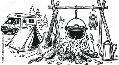 Camping scene with camper van, tent, guitar, and campfire