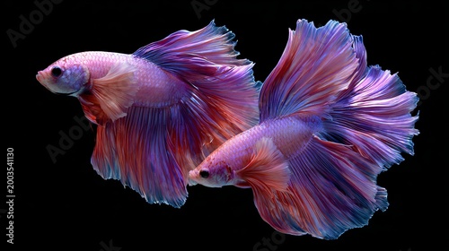 Pretty pink and purple betta fish dance gracefully in water, their fancy halfmoon fins shimmering against a black background.