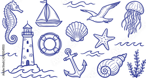 Set of hand drawn nautical and marine elements