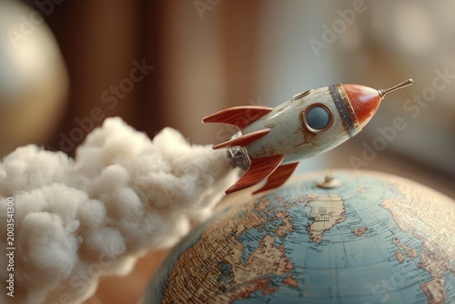 Vintage Toy Rocket Launching with Smoke Above a Detailed World Globe