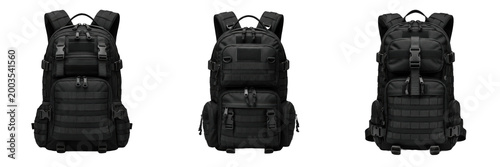 Set of Black Tactical Military Backpack Isolated on White Background, PNG