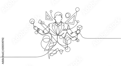 Businessman with multiple arms working.