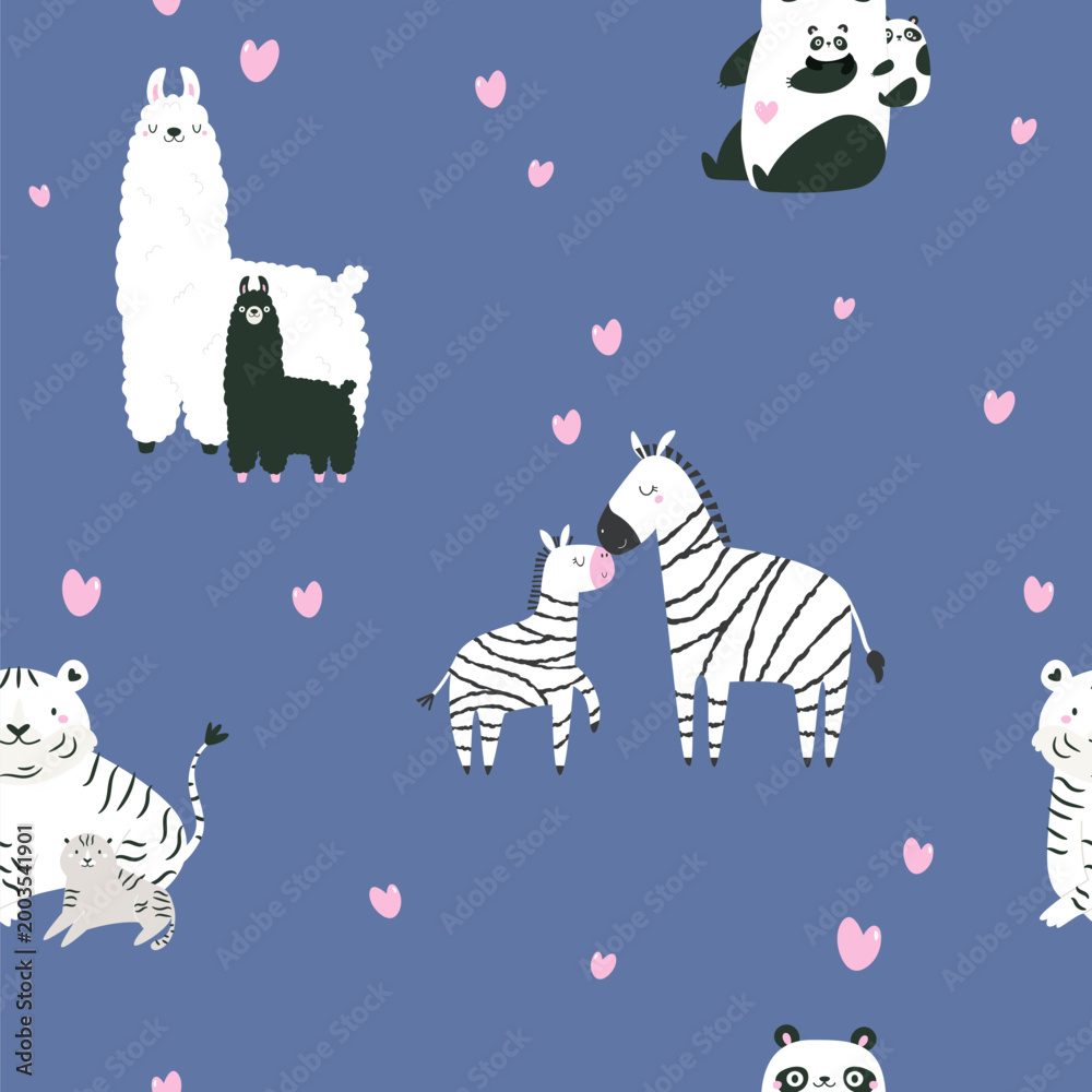Fototapeta premium Seamless pattern with cartoon animal families and pink hearts on blue background