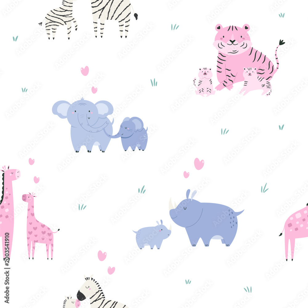 Fototapeta premium Seamless pattern with cartoon animal families - zebra, tiger, elephant, rhino, giraffe