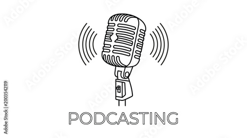 podcasting microphone with sound waves flat design vector illustration
