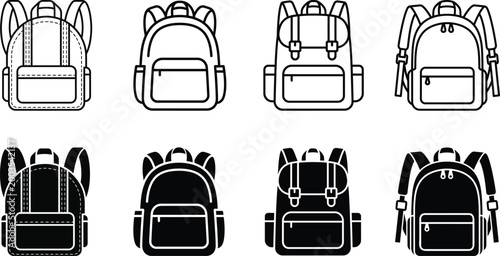 Eight backpack illustrations a variety of styles and perspectives