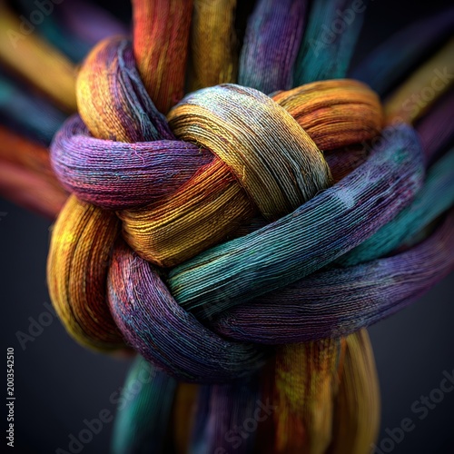 Vibrant Multi-Colored Textured Knot of Threads on Dark Background