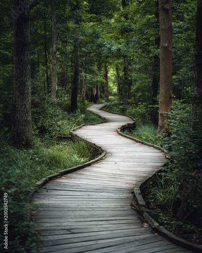 Winding Wooden Boardwalk Through Lush Green Forest Landscape