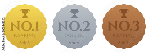 Collection of gold, silver and bronze medals with trophy icons representing the top three winner rankings and achievements
