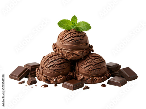 chocolate ice-cream scoops with nuts and dark chocolate pieces 