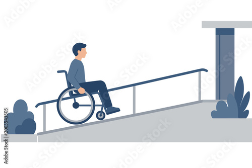 Wheelchair user moving up access ramp beside building entrance representing inclusive design mobility support barrier free architecture disability rights public facility compliance awareness campaigns