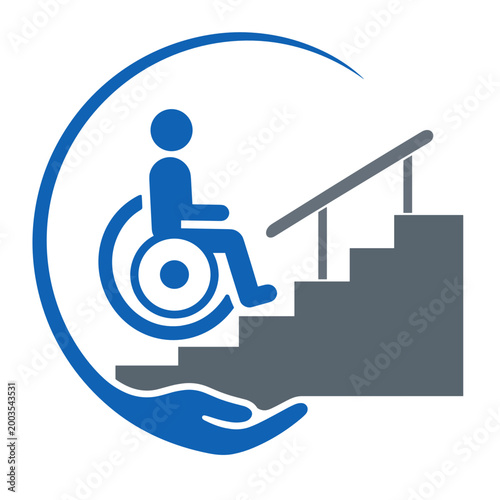 Wheelchair accessibility symbol beside staircase with supporting hand icon representing assisted mobility inclusive services disability care safe building access guidance public awareness materials
