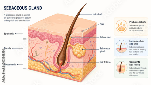 Sebaceous gland hair follicle skin anatomy diagram explaining sebum production pore structure lubrication acne education for dermatology training patient brochures clinic websites science textbooks