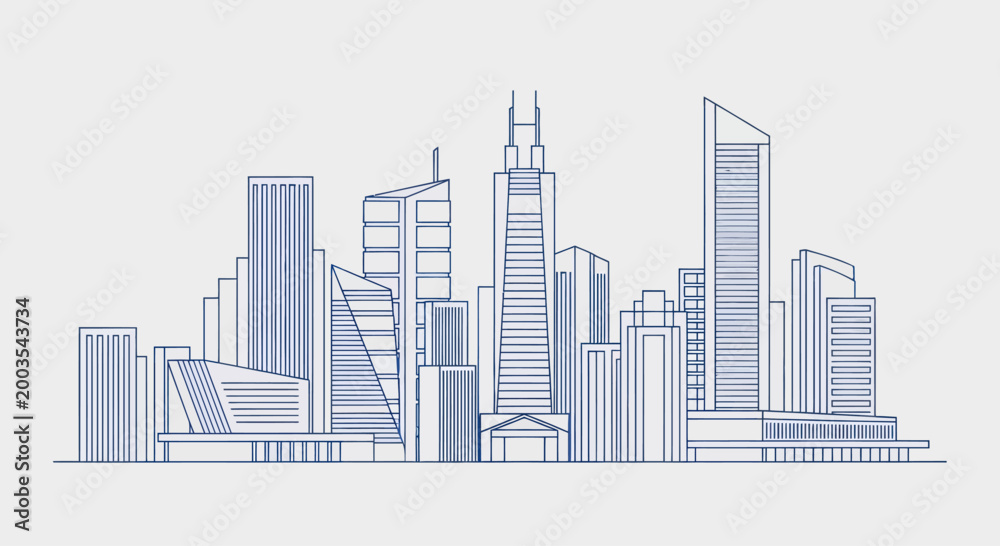 Fototapeta premium Modern City Skyline Silhouette, Architectural Blueprint Style