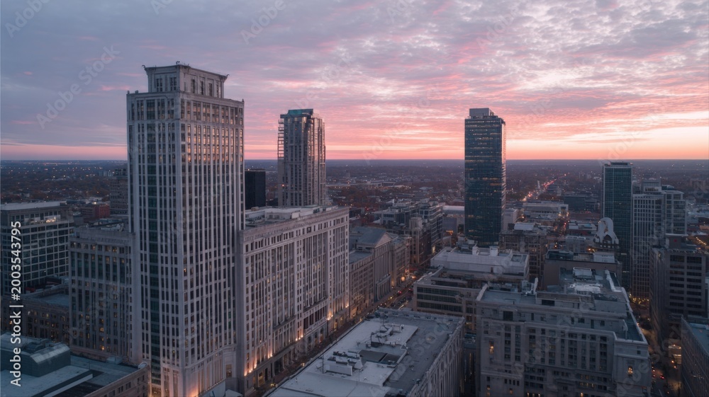 Obraz premium Aerial view of modern city skyline at dawn with pastel sky and illuminated skyscrapers