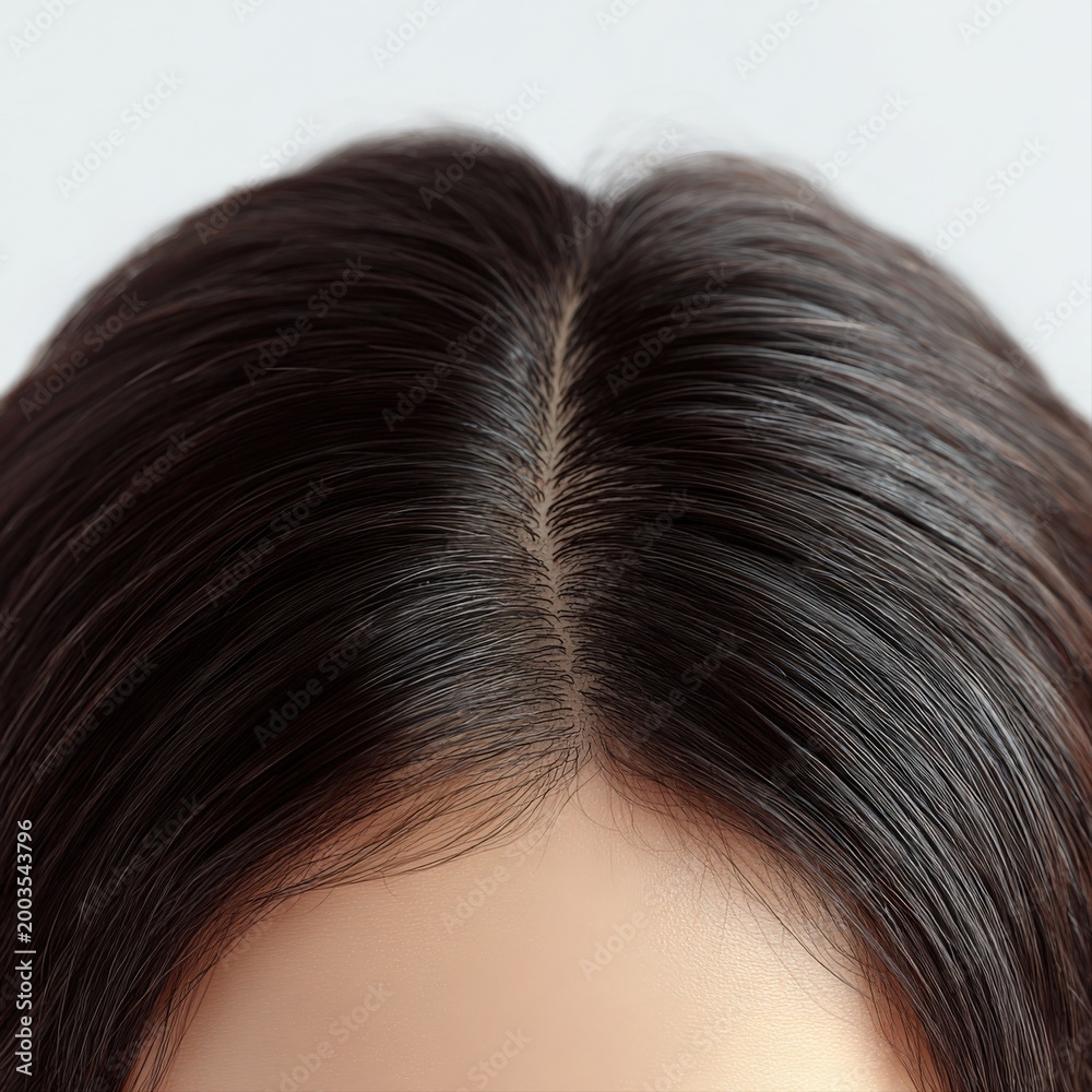 Naklejka premium Close-up of a dark brown human hair parting on a scalp, showcasing natural texture and scalp health