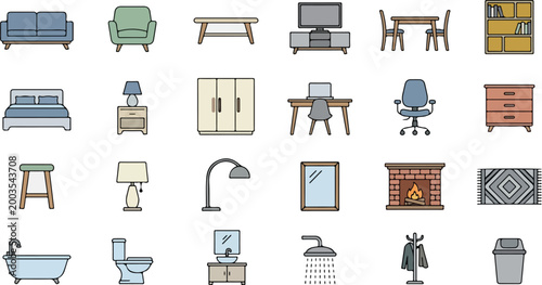 Modern Furniture Icon Set – Home Interior Line Illustrations Collection