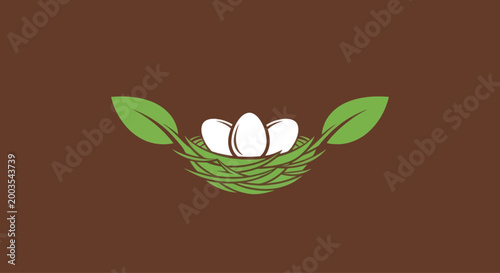 Nest with Eggs and Leaves on Brown Background, Organic Food Concept